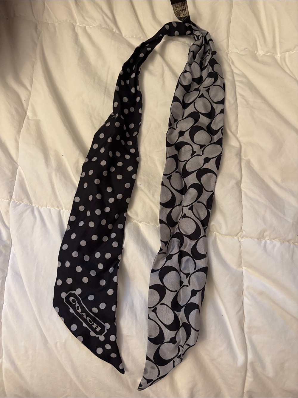 Coach Black & Gray Logo and Polka Dot Silk Twilly Scarf